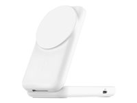 Belkin UltraCharge - Trådlöst laddställ - 2-i-1, Qi2, magnetisk, vikbar + växelströmsadapter - 25 Watt - Ultra Fast Charge (24 pin USB-C) - vit WIZ038KQWH
